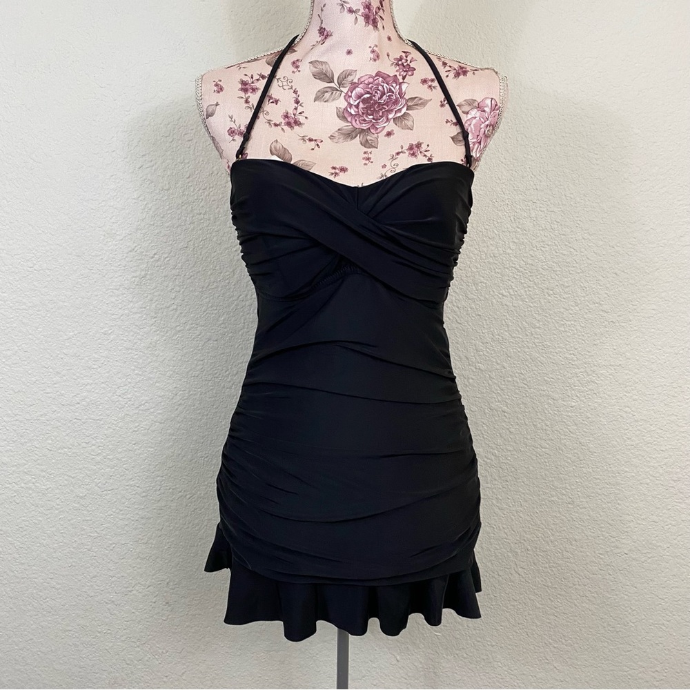Kenneth Cole sz:6 Black Halter Swim Dress Rutched Side Mini Length